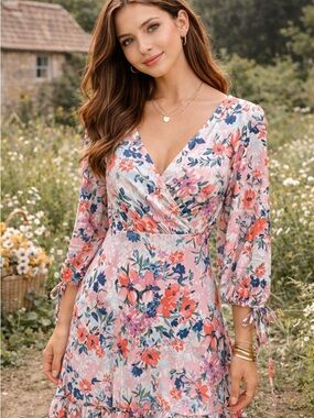 I.N. San Francisco Pink Floral Wrap Midi Dress